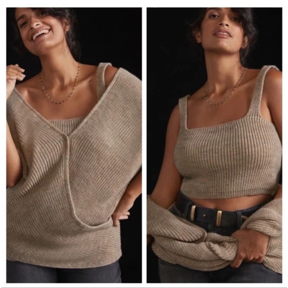 Anthropologie Twist-Front Sweater Set Tank & Surplice Brown Size XS